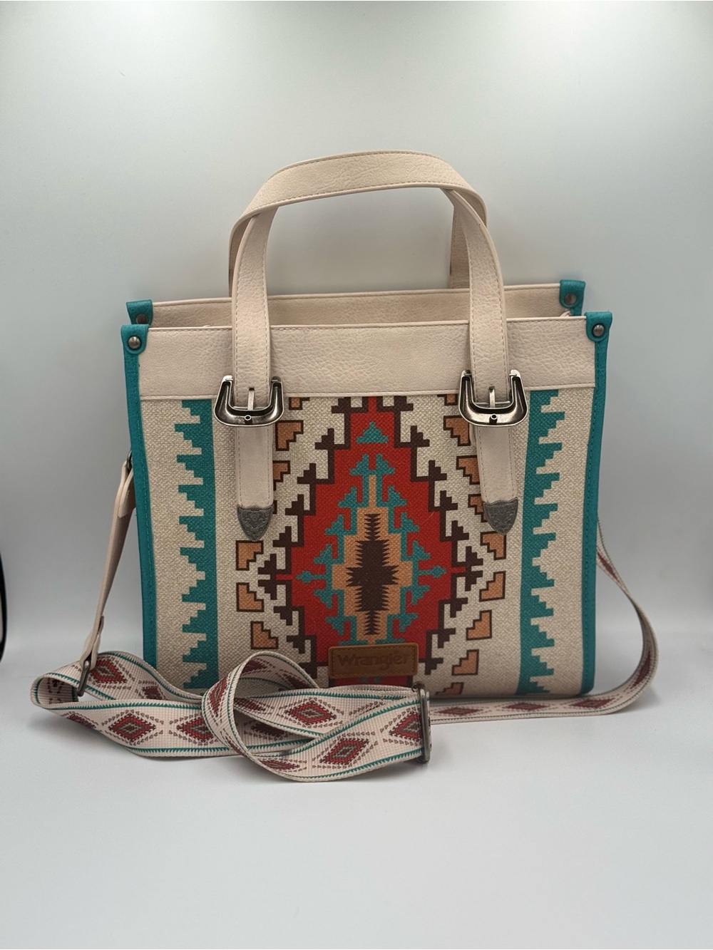 Wrangler Cream & Turquoise Aztec Tote Bag with Removable Strap